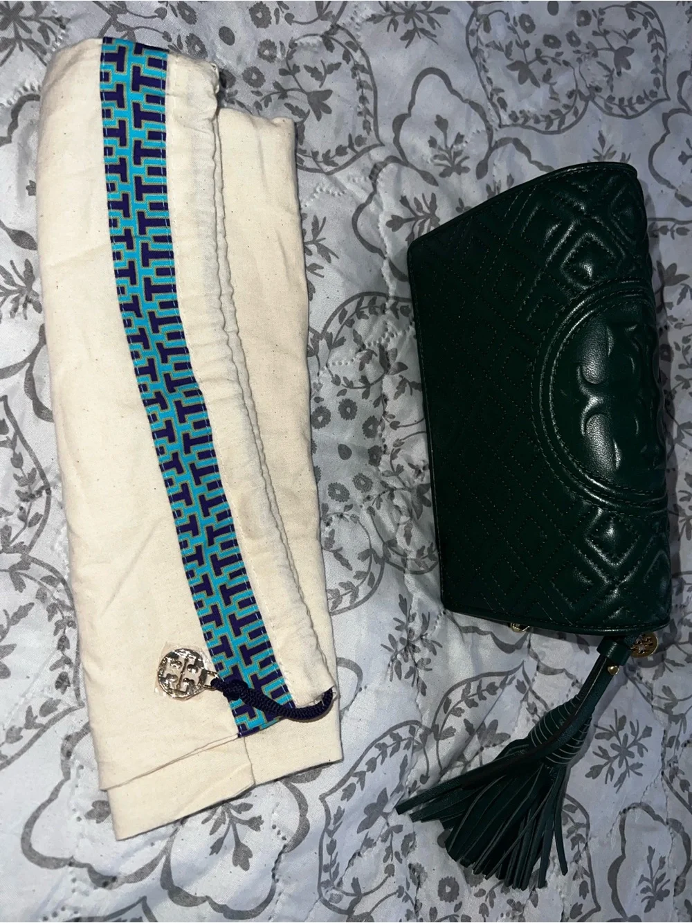 Tory Burch Dark Green Quilted Tassel Wristlet